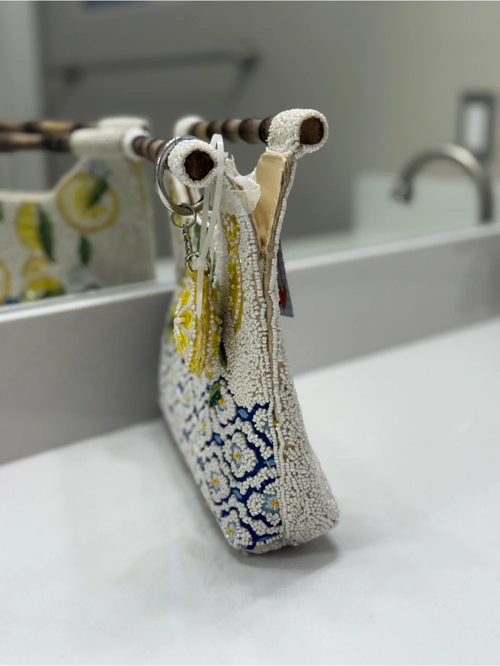 Beaded Lemon Motif Wristlet Clutch in Yellow & Blue NWT
